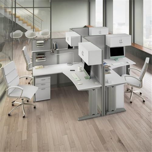 Pemberly Row 65W L Shaped Cubicle Desk, Engineered Wood, Pure White Finish, Thermally Fused Laminate, Adjustable Levelers, Privacy and Communication Panels, Office Workstation for Commercial Use