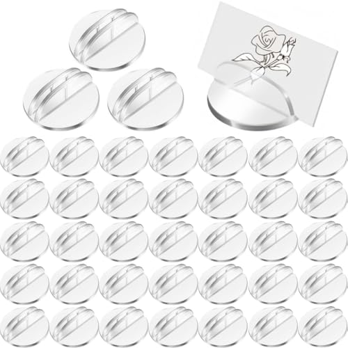 Kastetards 50 Pcs Mini Card Stands,Plastic Place Card Holders,Round Base,Translucent Plastic Card Display Stands for Game Table Numbers Translucent Business Price Tags Menus Labels Party