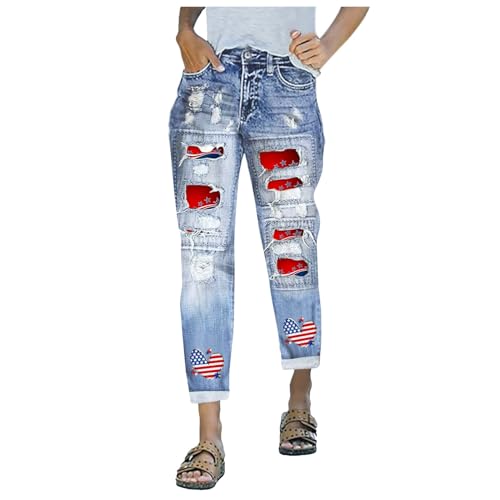 Women's Independence Day Print Jeans Plaid Patch Boyfriend Ripped Jean Heart American Flag Denim Pants for Women