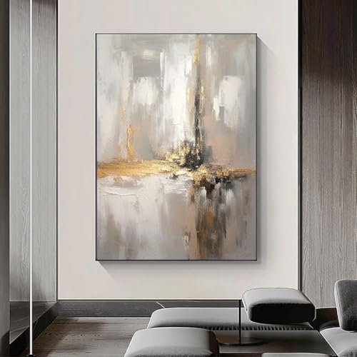 Tableau abstrait avec feuille d'or peint à la main, toile paysage urbain gris chic