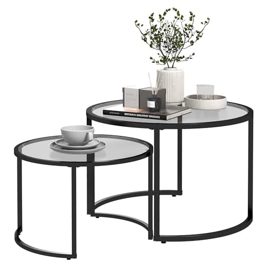 HOMCOM Coffee Table Set of 2, Modern Nest of Tables with Tempered Glass Top, Steel Frame for Living Room, Black