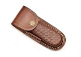 Hunting Knife Sheath with Button Clasp, Brown Leather, Embossed Basket Weave, 4.5-5.25 inches (Brown)
