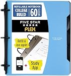 Five Star Flex Refillable 3 Ring Binder Notebook + Study App, College Ruled Paper, 1 Inch TechLock Rings, Pockets, Tabs and Dividers, 200 Sheet Capacity, Blue (29328AD2)