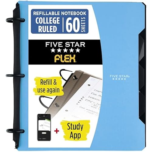 Five Star Flex Refillable Notebook + Study App, College Ruled Paper and 1 Inch TechLock Ring Binder with Pockets, Tabs and Dividers, 200 Sheet Capacity, Pacific Blue (293280AD2)
