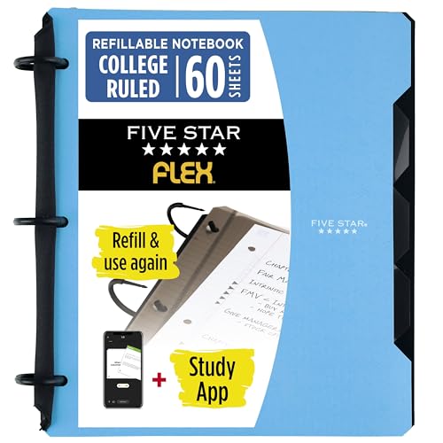 Five Star Cuaderno/Carpeta híbrido, Flex Hybrid NoteBinder, 60 hojas Rayadas, 3 anillos TechLock de 1" y 5 separadores. Azul. 29328AD2