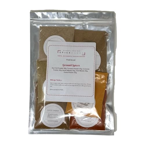 Spice Dabba Authentic Indian Spice Box — 6 Small-Batch Ground Spices, 30g Each (180g Total) | Turmeric, Red Chili, Coriander, Garam Masala, Chat Masala, Cumin | Homemade Resealable Gift Kit