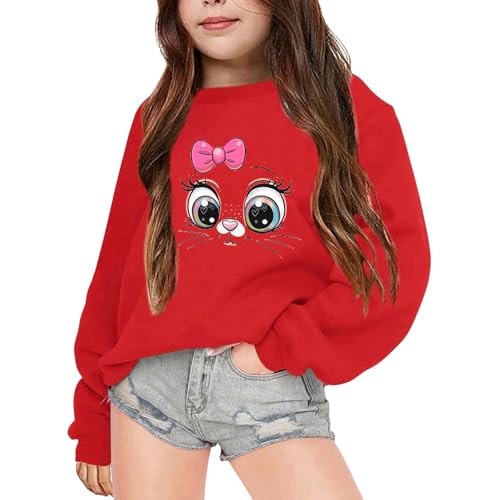 Image of Kids Sweatshirt Girls Crewneck 3-14 Years Cartoon Cute Cat Graphic Girls Tops Pullover Childrens Long Sleeve Winter Fashion Casual Athletic School Teenager T-shirt Sweater (X-Red, 11-12 Years)