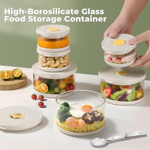 SAYAPE Glass Food Storage Containers with Airtight Lids, 33.8oz & 11.8oz High-Borosilicate Glass Meal Prep Containers with Spork, Bento Lunch Boxes for Salad, Ramen, Soup, Fruit - 2 Pack, White — view 5