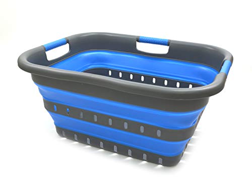 SAMMART 41L Collapsible 3 Handled Plastic Laundry Basket - Foldable Pop Up Storage Container/Organizer - Portable Washing Tub - Space Saving Hamper/Basket (3 handled rectangular, Grey/Blue)