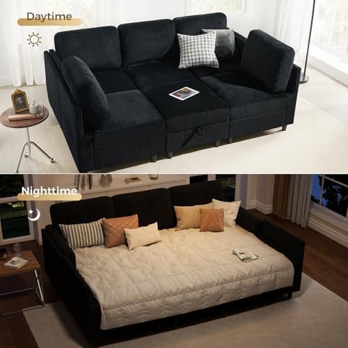 KKL Modular Sectional Sofa Bed - Sofa Couch with Storage Ottoman, Convertible L/U-Shaped Sleeper Couch for Living Room, Modern Reversible Design, Black - Thumbnail 4