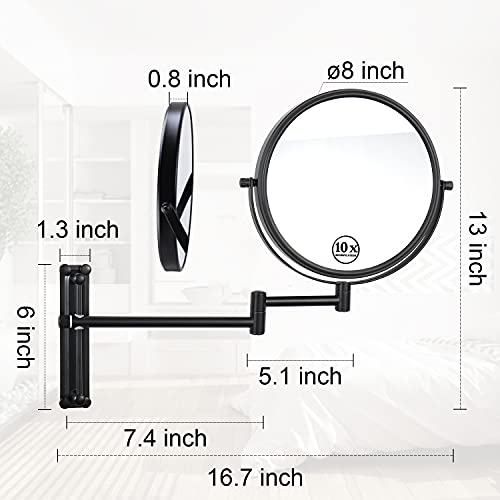 Lansi Wall Mounted Makeup Mirror, 10X Magnifying Mirror 8" Height Adjustable Wall Mirror, 360° Extendable Arm Double Sided Vanity Mirror For Bathroom Or Bedroom, Black Bathroom Mirror #TOP1
