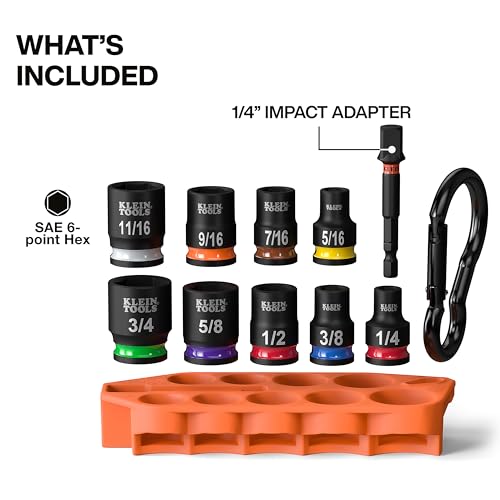 Klein Tools 33809 Grab-And-Go Impact Socket Set, SAE, 10-Piece Set with Sleeve, Carabiner, and 3/8-Inch Drive, Color-Coded 1/4, 5/16, 3/8, 7/16, 1/2, 9/16, 5/8, 11/16, and 3/4-Inch Sockets thumbnail 2
