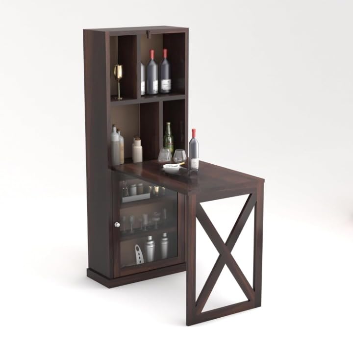Image of Sheesham Wood Bar Cabinet with Foldable Counter Table | Wooden Wine Rack with Glass Storage | Space Saving Home and Office Bar Furniture - Walnut Finish