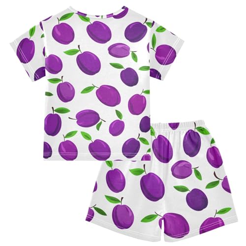 Purple Plums Leaves Pajama Set Short Sleeve PJS 2 Piece Summer Pajamas Shorts Sets Cotton 5Y2