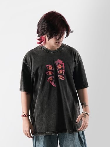 Image of ComicSense.xyz Unisex Anime Oversized Stone Washed T-Shirt for Men & Women, 220 GSM Upper Moon One Printed Drop Shoulder Anime T-Shirt