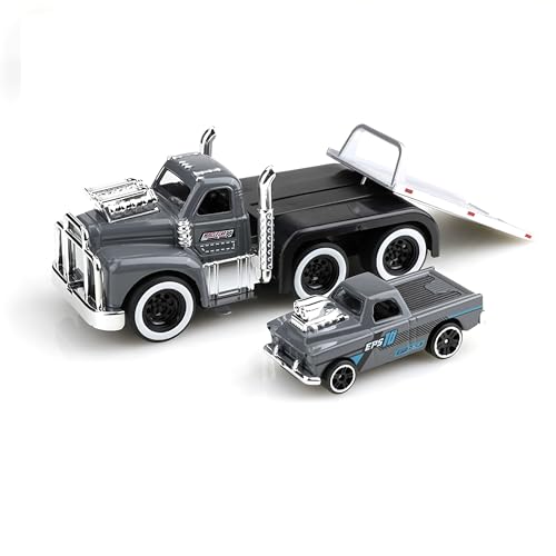 Elementoy Flatbed Tow Truck Toy Rollback 1:64 Scale Diecast Model Car Hot Rod, Muscle Trailer Series 2 in 1 Vehicle Playset Truck and Trailer Toys for Boys Girls and Collectors (Black)
