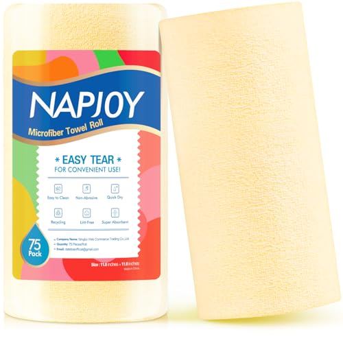 Napjoy Rollo de paño de limpieza de microfibra, toallas de papel reutilizables fáciles de quitar, paquete de 75 paños de microfibra ultra suaves para cocina, limpieza, ventana, coche, jardín, baño,