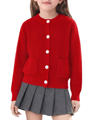 Image of Girls Cardigan Chunky Knit Uniform Sweater with Pockets 5-14Y | Cardigan for Girls Button Down Long Sleeve Uniform Sweater for Kids Solid Thick Fall Winter Sweater for School / Casual