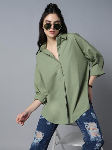 Image of High Star Relaxed Oversized Spread Collar Long Sleeve Cotton Longline Casual Shirt