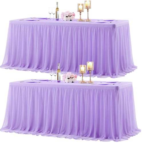 Little Funny Purple Fitted Tablecloth Rectangle 6 Foot Stretch Elastic Tulle Ruffle Tablecloths Rectangular Spandex Table Covers 6ft Birthday Baby Shower Wedding Party Table Cloths with Skirt 2Pack