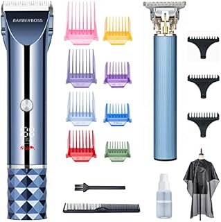 Barberboss Professional Hair Clipper for Men with Self-Sharpening Ceramic Blade and Titanium T-Blade Beard Trimmer, Cordless, LED Display, Cuts from 0.1mm to 34mm, QR-2681