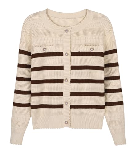 V FOR CITY Striped Cardigan Button Down Sweaters for Women Crew Neck Open Front Tweed Knit Winter Outerwear Apricot X-Large