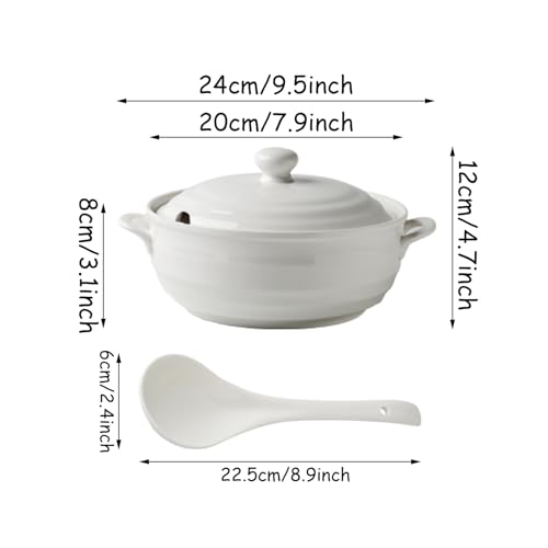 FENNVV White Soup Tureen with Lid, Ceramic Double Handle Soup Serving Bowl with Ladle White Porcelain Round Tureen Bowls for Restaurant Home Kitchen Decoration,1.2L