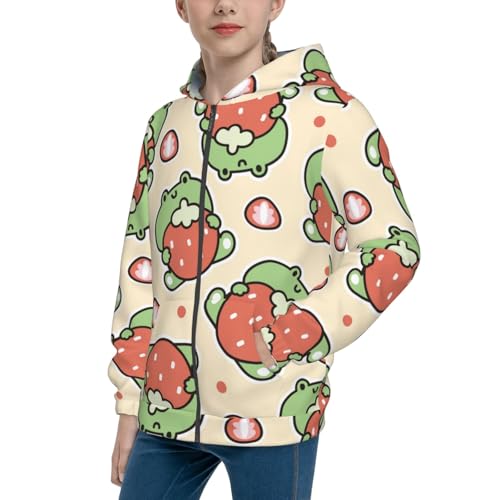 Frog Hold Strawberry Kid Hoodies Boys Zip Up Sweatshirts Girls Pullover with Pocket