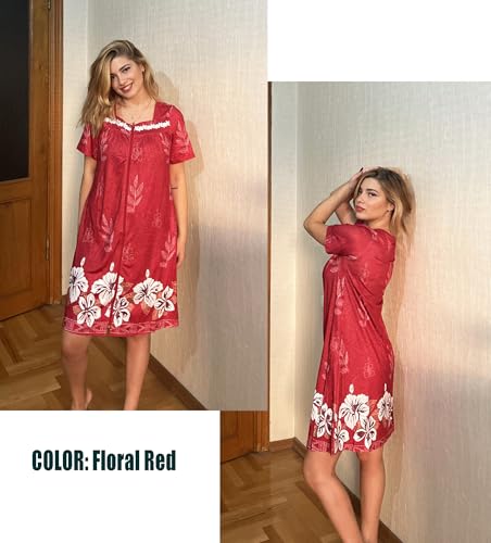 Image of Ekouaer Women Zipper Robe Short Sleeves House Coat Zipper Front Bathrobe Sleepwear with Pockets Housecoat Nightgown