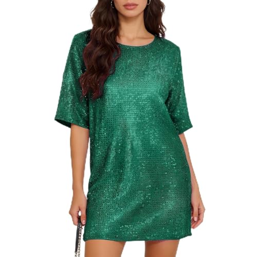 Catheive Women's Sequin Sparkly Cocktail Party Dress Holiday Club Elegant Glitter Short Sleeve Shift Dresses for Women Green