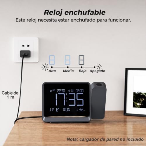 Miniatura 6 de Pasivole Reloj De Proyección Digital Con Ajuste De Enfoque Para Dormitorio - Proyector Giratorio De 180 , Sincro De Hora Por Bluetooth, Alarmas Dobles, Fecha, Temperatura, Atenuador 4 Niveles, Snooze