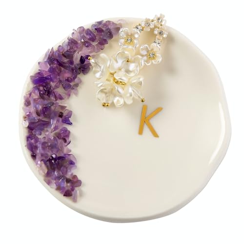 Maxsirui Ceramic Initials Ring Dish with Brazilian Amethyst Inlaid, Cute Room Decor Aesthetic, Decorative Jewelry Tray Trinket Dish, Engagement Wedding Birthday Christmas Gifts for Women (K)