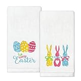 Puwurak Happy Easter Hand Towels Set of 2 Embroidered Colorful Rabbit Eggs Bathroom Towels 13.7 x 29.5 Inch Spring Decorative Dish Towels for Kitchen Bathroom (White)