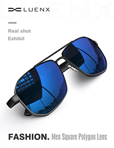 Luenx Aviator Sunglasses For Men Square Polarized Polygon Lens - Uv 400 Protection With Accessories(Mirror Dark Blue Lens) #TOP5