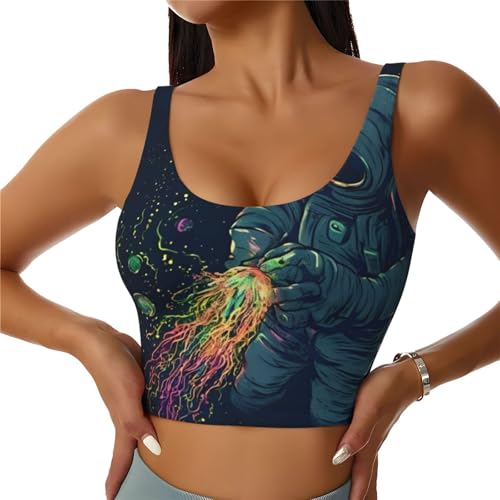 Women Girls Comfy U-Shaped Back Yoga Vest Elastic for Astronaut Fantasy Space Trippy Galaxy Planet Jellyfish Art Athletic Tops with Pads Control Shapewear Activewear for Workout Training