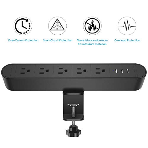 Desk Clamp Power Strip with USB,Metal Outlet Desktop Surge Protector,Standing Desk Clamp Power Station,Desktop Mount Outlet with 5 AC Outlet,3 USB Ports,6ft Extension Cord(380 Joules)