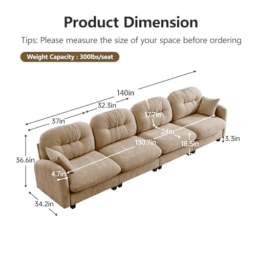 Image of KEIKI 140 inch Oversized Chenille Modular Sectional Sofa with High-Density Foam Cushion and Tufted Pleated Cushion Backrest, Upholstered Modern 4-Seater Cloud Couch with 2 Pillow, for Living Room, Camel