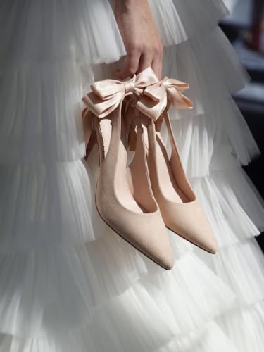 Image of Coutgo Womens Slingback High Heels with Bow Closed Pointed Toe Wedding Bride Dress Shoes Satin Pumps
