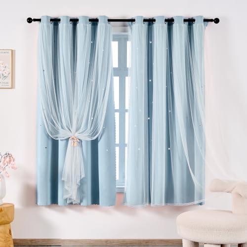 Image of indistar Star Cutout Kids Window Blackout Curtains for Girl Bedroom Window Room Darkening Curtains & Drapes Baby Nursery Curtains (2 Panel,52Wx54L inch,Sky Blue)