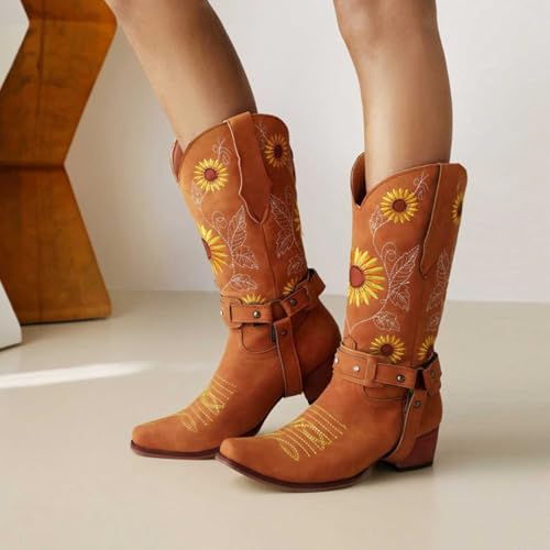 Cowboy Boots for Women Square Toe Sunflower Western Cowgirl Boots Mid Calf Buckle Embroidered Fashion slip on Boot3