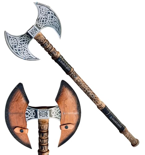 Mettleive | Viking Double Headed Axe Broad Beresker Long Handle Double Sided Two Handed Double Face Cold Steel Real Gift Collectible Handmade Engraved Carvings LARP Prop (Engraved)