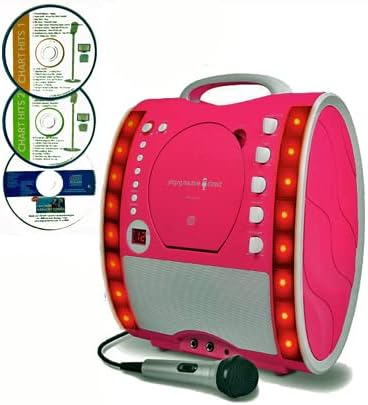 Portable Karaoke Machine & CD Player - Classic 343 PARTY PACK 1 (1 Mic + 3 karaoke CD's) Home Disco Party Light - Girls wired karaoke microphone + 56 Karaoke SONGS (3 CD ' S) CDG + Format (Connect to a TV to display lyrics from CD) - Echo - Auto Voice Control - - AUX IN 3.5mm Jack (Link to iPod / iPhone / iPad / MP3 Player /Mobile Smart Phone / Laptop, Netbook, PC, Computer / etc) – Pink Karaoke Machine by The Singing Machine (3 CDs - Party Pack 1 (1 Mic), Pink)