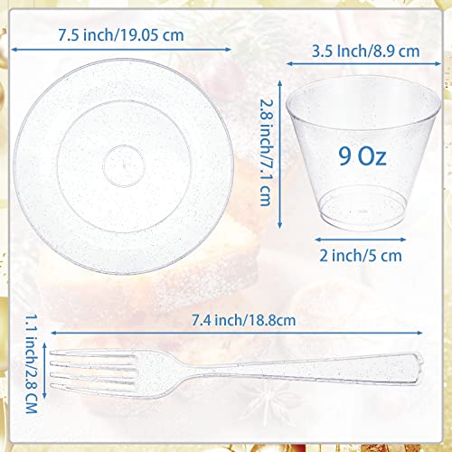 Honeydak 300 Pcs Silver Glitter Plastic Dinnerware Set for 100 Guests, 100 Party Plates 7.5 Inch, 100 Cup Silver 9 Oz, 100 Dessert Forks for Bride Party Engagement Anniversary Birthday by Honeydak - Image 4