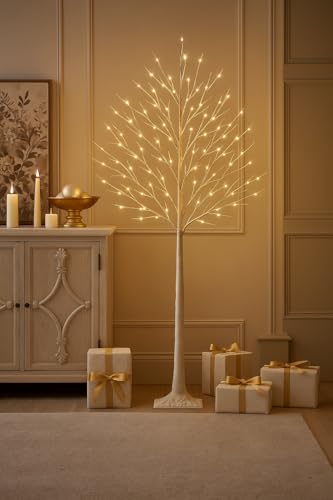 Marco Paul Pre-Lit Large 140cm Birch Twig Tree Lights with Warm White LEDs - 4ft Light Up Christmas Tree with 8 Light Functions Indoor and Outdoor Xmas Tree for Festive Home Decor, Mains Operated