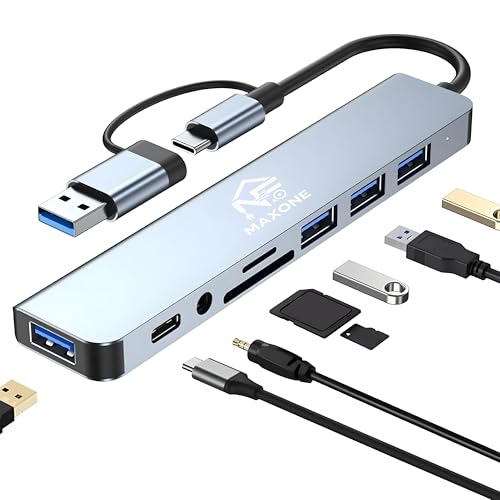 Hub USB C 8 en 1, Adaptador USB C con 3 USB 3.0 + 1 Tipo C, Carga PD 100W, Audio 3.5mm, SD/TF, USB C Hub Multipuerto para Portátiles, Compatible con Tablet, MacBook Air/Pro, iPad, iPhone Android