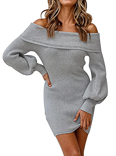Maeau Midi Robe Pull Tricotée Sexy Décolleté avec Poignets Élastiques Femme Tricot Robe Pull à Manches Longues de Lanterne À Épaules Dénudées pour Printemps Automne Hiver Travail Maison gris m Cover