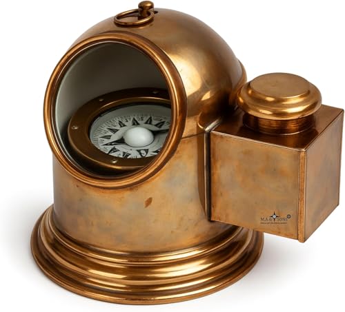 M.A & SONS Vintage Marine Binnacle Brass Compass with Oil Lamp (Antique Finish) – Gimbal-Mounted, Glass Viewing Window, Desk/Nautical Décor – 8.8 in H x 7.25 in L x 6.75 in W