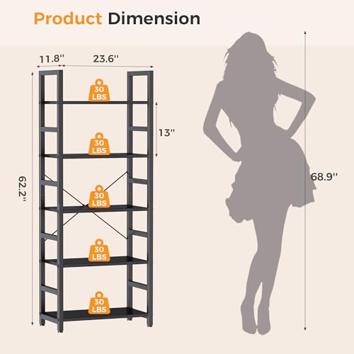 Image of DUMOS 5-Tier Bookshelf, Modern Tall Bookcase, Open Storage Display Shelf for Living Room, Bedroom, Home Office, Narrow Standing Shelving Unit for Books, CDs, Decor,Modern Black