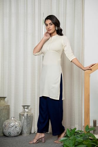 Image of Juniper Rayon Knee-Length Straight Fit Kurta with Mandarin Collar & Three-Quarter Sleeves