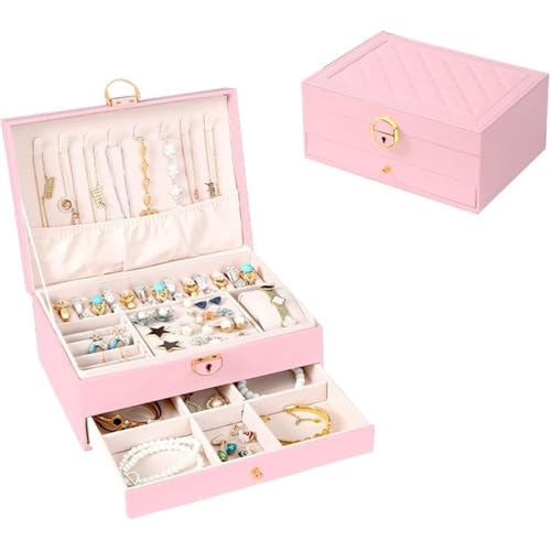 ITMEATジュエリーボックスアクセサリーケースジュエリー収納宝石箱大容量鍵付き引き出しおしゃれ小物入れピアスネックレスリング指輪置き女の子女性用ブラック (23×17×10cm,ピンク)